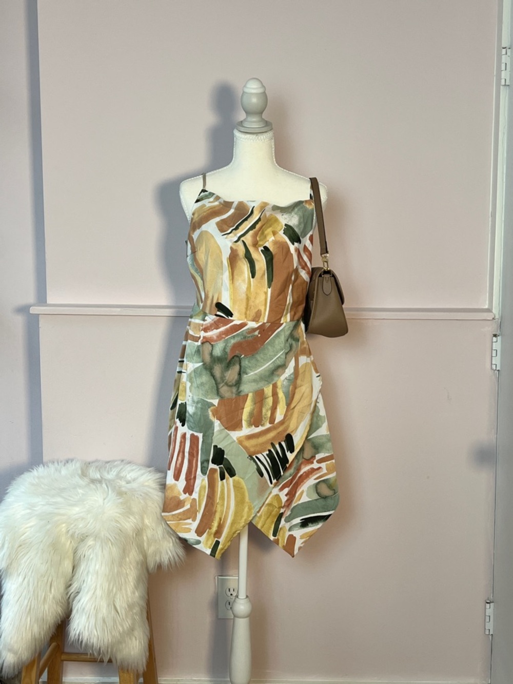 Abstract Print Spaghetti Strap Summer Dress in Green & Mustard - Picture 3 of 5